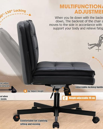 COMHOMA Criss Cross Chair with Wheels, Armless Wide Cross Legged Office Chair Mid Back, Modern Home Office Desk Chair Swivel Adjustable Vanity Computer Chair, Black - LeafyLoom