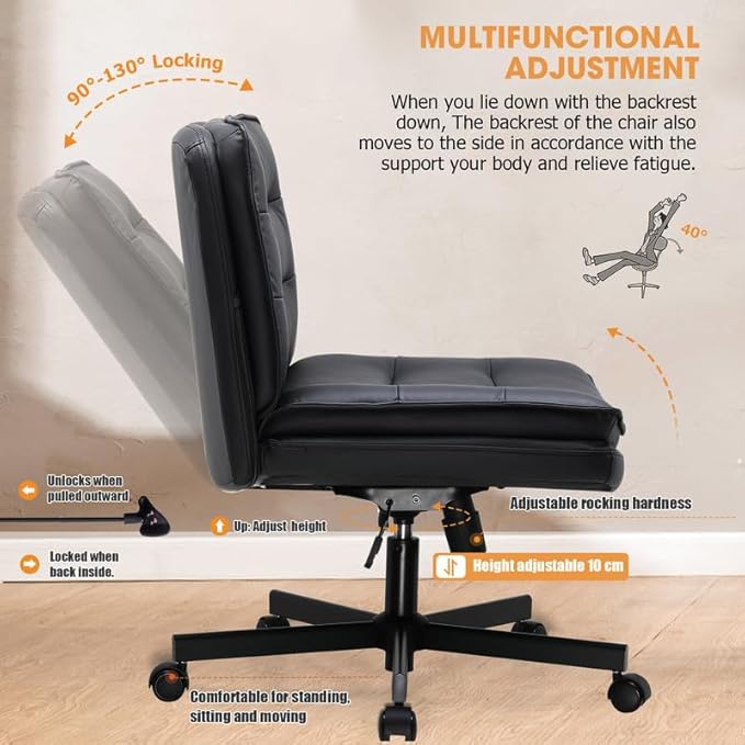 COMHOMA Criss Cross Chair with Wheels, Armless Wide Cross Legged Office Chair Mid Back, Modern Home Office Desk Chair Swivel Adjustable Vanity Computer Chair, Black - LeafyLoom