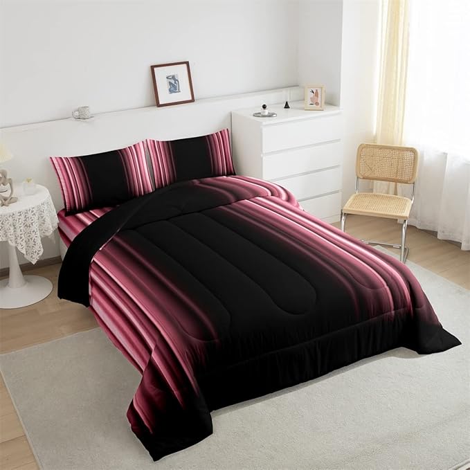 Feelyou Abstract Ombre Comforter Set Kids Teens Pink Black Bedding Set Room Decor 3Pcs Queen Size,Reversible Black Boys - LeafyLoom