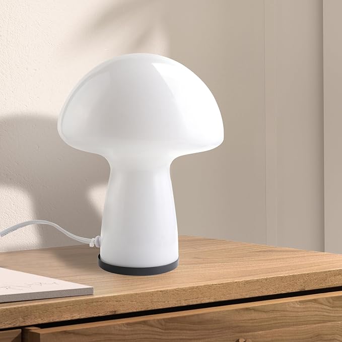 Mushroom Lamp,Glass Table Bedside Lamps,Translucent Vintage Style Striped Small Night Mushroom Decor Light for Ambient,Kids,Bedroom,Living,Gift (milk white) - LeafyLoom