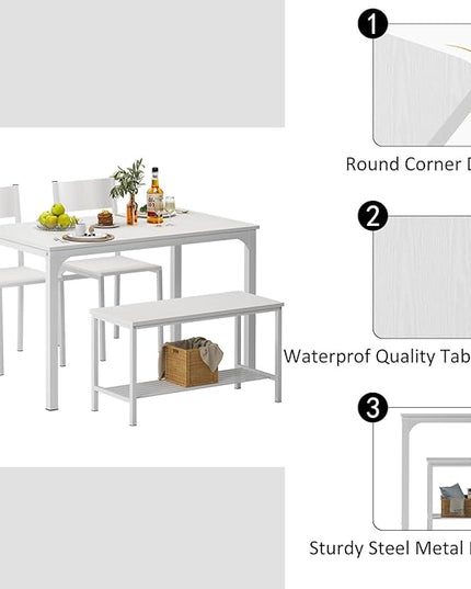 SDHYL Dining Table Set for 4, 43" Dining Room Table with Two Chairs and One Bench, 4 Pieces Set Table Top with Metal Legs in Living Room, Dining Room, Space Saving Kitchen Table Set, White - LeafyLoom