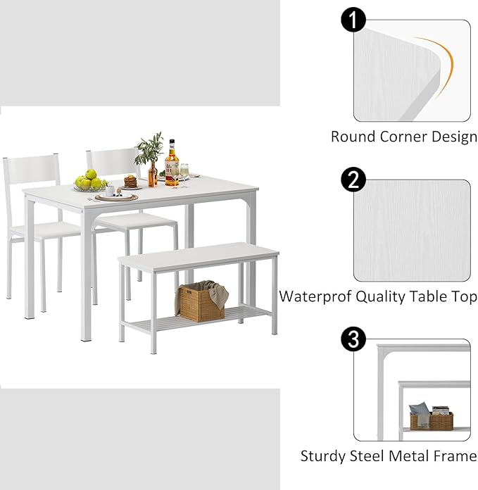 SDHYL Dining Table Set for 4, 43" Dining Room Table with Two Chairs and One Bench, 4 Pieces Set Table Top with Metal Legs in Living Room, Dining Room, Space Saving Kitchen Table Set, White - LeafyLoom