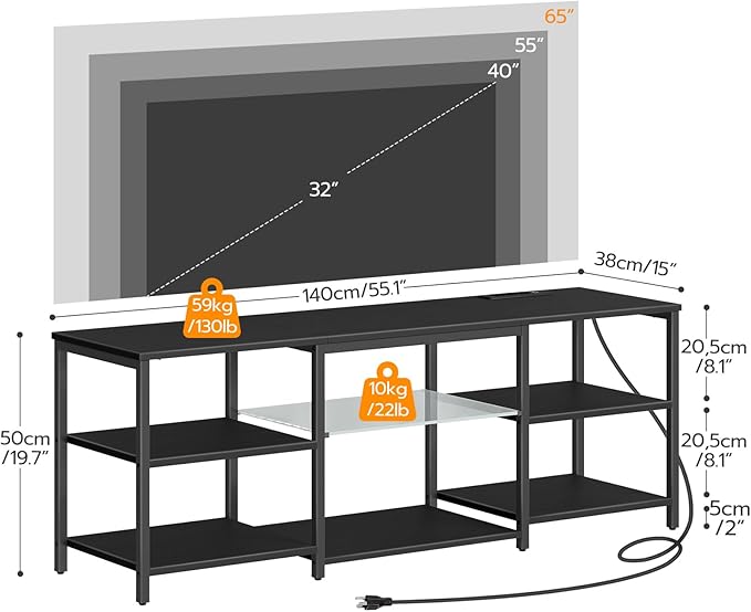 HOOBRO LED TV Stand for 65 Inch TVs with Charging Station, Gaming Entertainment Center with 3-Tier Open Storage, Long Media TV Console Table, TV Stand for Living Room, Bedroom, Black BB20UDDS01 - LeafyLoom