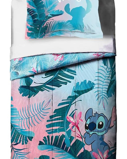 Jay Franco Disney Lilo & Stitch Floral Fun Twin Comforter & Sham Set - Super Soft Kids Reversible Bedding - Fade Resistant Microfiber (Official Disney Product) - LeafyLoom