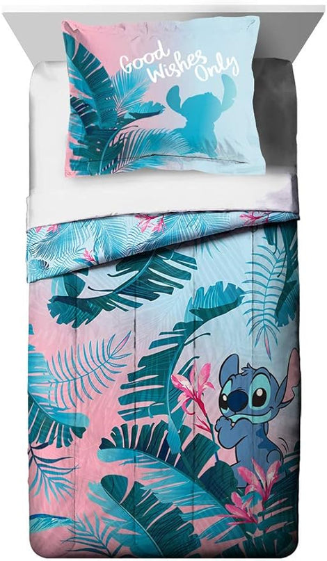 Jay Franco Disney Lilo & Stitch Floral Fun Full/Queen Comforter & Sham Set - Super Soft Kids Reversible Bedding - Fade Resistant Microfiber (Official Disney Product) - LeafyLoom