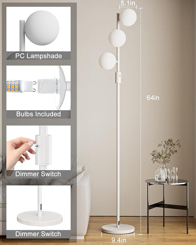 64IN Dimmable White Floor Lamp, Tall Standing Lamps with 3 Globe Soft Warm White Eye Care 3000K G9 Bulbs, Mid Century Modern Floor Lamp for Bedroom Office - LeafyLoom