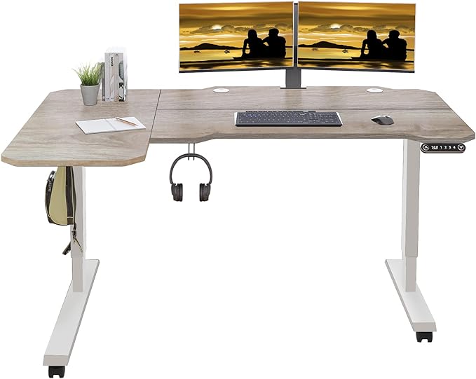 Adjustable Height L-Shaped 59 Inch Electric Standing Desk - Sit Stand Computer Desk, Stand Up Desk Table for Home Office, White Frame and Oak Top - LeafyLoom