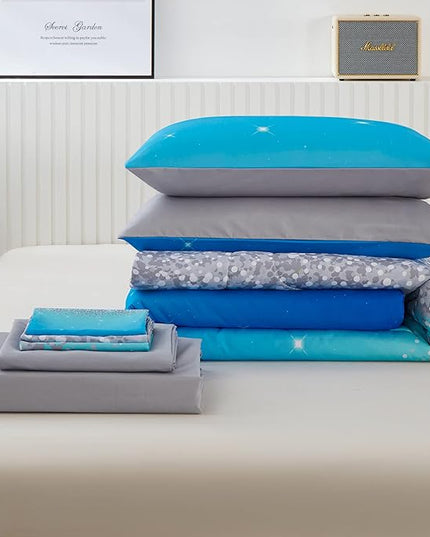 inron Aqua Glitter Comforter Sets for Girls Women,Full Size 5-Pieces Bed in a Bag Ultra Soft Microfiber Comforter and Sheet Sets, All Season Durable Bedding Set(Aqua,Full) - LeafyLoom