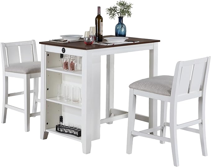 NicBex Kitchen Table for 2 Dining Room Table Set 3-Piece Small Space Counter Height Dining Table with Shelves and 2 Chairs for Small Space, Apartment, Breakfast Nook, White - LeafyLoom