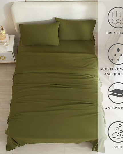Olive Green Twin Sheets Set 3 Piece Cooling Bed Sheets,Hotel Luxury Fitted Sheet Set for Twin Size Bed,Super Soft Sheet Deep Pocket 16 Inch,Wrinkle & Shrink Resistant,Twin Sheets,Green Bed Sheets - LeafyLoom