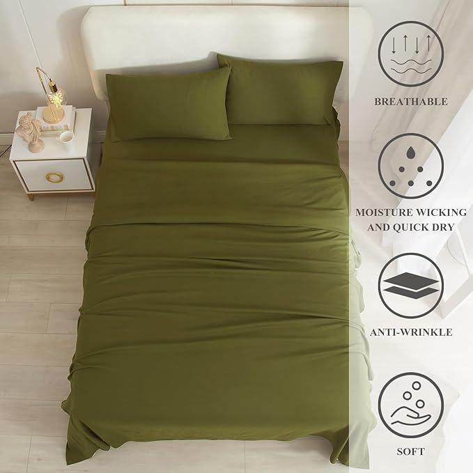 Olive Green Twin Sheets Set 3 Piece Cooling Bed Sheets,Hotel Luxury Fitted Sheet Set for Twin Size Bed,Super Soft Sheet Deep Pocket 16 Inch,Wrinkle & Shrink Resistant,Twin Sheets,Green Bed Sheets - LeafyLoom