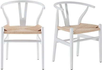 Farini Rattan Chairs for Dining Room Wishbone Chair Solid Wood Armchairs Y Shaped Backrest Hemp Seat for Home Restaurant Fully-Assembled(Set of 2,White-Beige Seat) - LeafyLoom