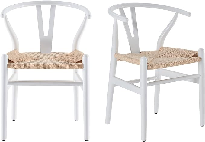 Farini Rattan Chairs for Dining Room Wishbone Chair Solid Wood Armchairs Y Shaped Backrest Hemp Seat for Home Restaurant Fully-Assembled(Set of 2,White-Beige Seat) - LeafyLoom