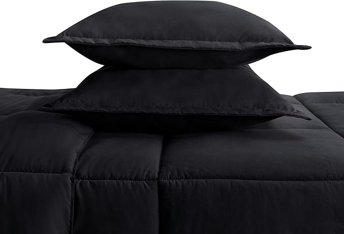SERTA Simply Clean Ultra Soft Hypoallergenic Solid 3 Piece Comforter Set, Full/Queen, Black - LeafyLoom