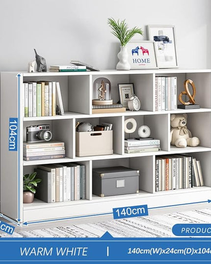 IOTXY Open Shelf Low Bookcase - Wooden 3-Tier Floor Standing Display Cabinet Organizer with Base, 10 Cubes Short Horizontal Bookshelf in Warm White - LeafyLoom