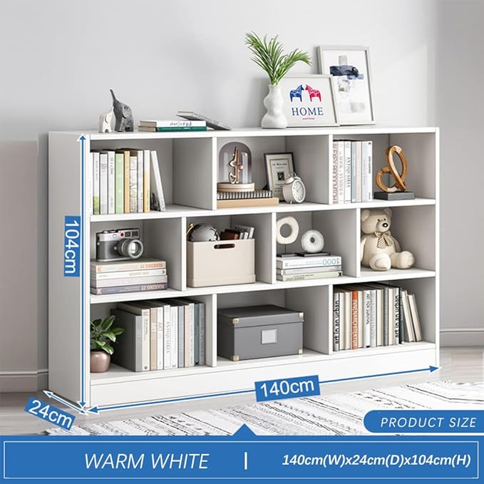 IOTXY Open Shelf Low Bookcase - Wooden 3-Tier Floor Standing Display Cabinet Organizer with Base, 10 Cubes Short Horizontal Bookshelf in Warm White - LeafyLoom