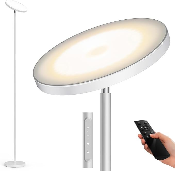 OHLUX Gray Floor Lamp, 32W/2500LM Super Bright Dimmable Sky LED Modern Torchiere Standing Lamp, LED Floor Reading Lamp with 4 Color Temperatures, Remote Touch Control, 1 Hour Timer for Living Room - LeafyLoom