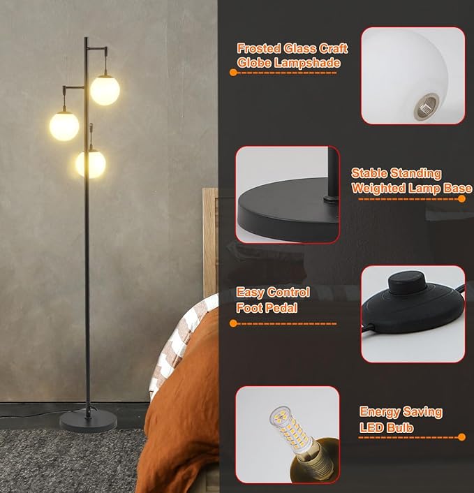 3 Globe Mid Century Modern Globe Floor Lamp with Frosted Glass Shade and 3000K LED Bulbs, Contemporary Retro Black Standing Lamp for Living Room Bedroom Office - LeafyLoom