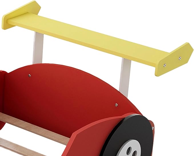 Twin Size Racecar Bed for Big Boys,Wood Platform Bedframe with Wheels & Safety Guardrail,Slats Support,Easy Assembly,Toddlers Kids Car Floor Beds for Fun Children's Bedroom,Red - LeafyLoom
