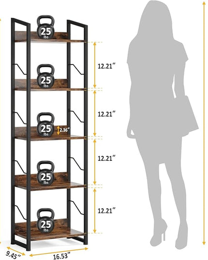 5 Tier Narrow Bookshelf: Tall Bookcase Book Shelf for Bedroom, Industrial Modern Bookshelves for Small Spaces (Rustic Brown) - LeafyLoom