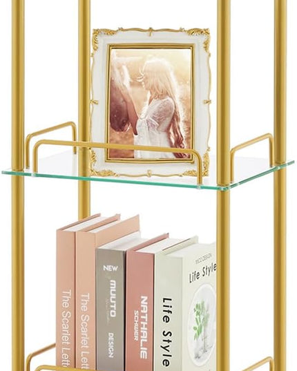 5-Tier Bookcase, Tempered Glass Bookshelves, Narrow Bookshelf for Small Spaces, Storage Rack Display Shelf Slim Shelving Unit for Living Room, Bedroom, Bathroom, Entryway, Office, Golden - LeafyLoom