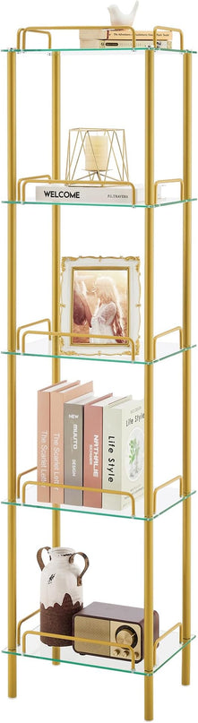 5-Tier Bookcase, Tempered Glass Bookshelves, Narrow Bookshelf for Small Spaces, Storage Rack Display Shelf Slim Shelving Unit for Living Room, Bedroom, Bathroom, Entryway, Office, Golden - LeafyLoom