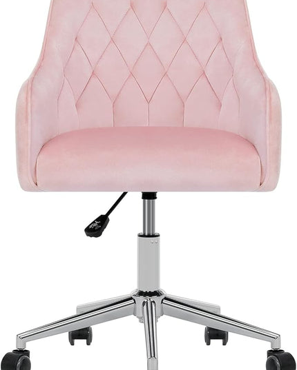 Velvet Desk Chair Vanity Chair for Makeup with Wheels and Back Home Office Chair Adjustable Rolling Swivel Chair for Bedroom Vanity Room Pink - LeafyLoom