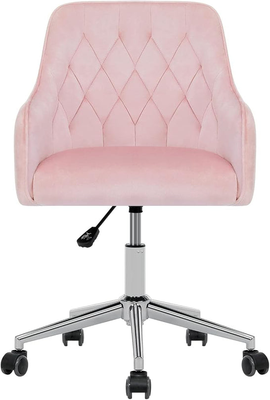 Velvet Desk Chair Vanity Chair for Makeup with Wheels and Back Home Office Chair Adjustable Rolling Swivel Chair for Bedroom Vanity Room Pink - LeafyLoom