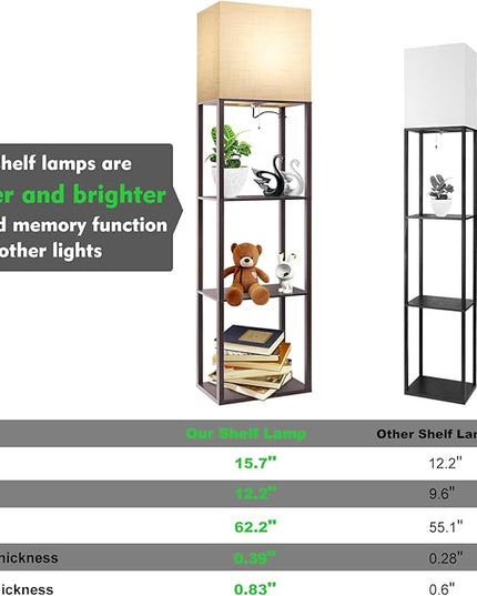 RUNTOP Plus - Floor Lamp with Shelves, Wide Shelf Lamp, Shelf Floor Lamp with 15W LED Bulb, 3 Colors Temperature, Memory Function, Large Display Storage, Standing Lamps for Living Room, Bedroom, Wood - LeafyLoom
