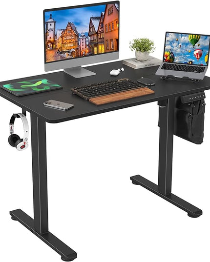 STARY Electric Adjustable Height Sit Stand Home Office Desk with Splice Board, 40x24, Black Desktop/Black Frame - LeafyLoom