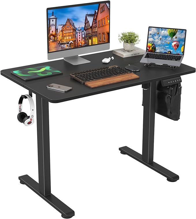 STARY Electric Adjustable Height Sit Stand Home Office Desk with Splice Board, 40x24, Black Desktop/Black Frame - LeafyLoom