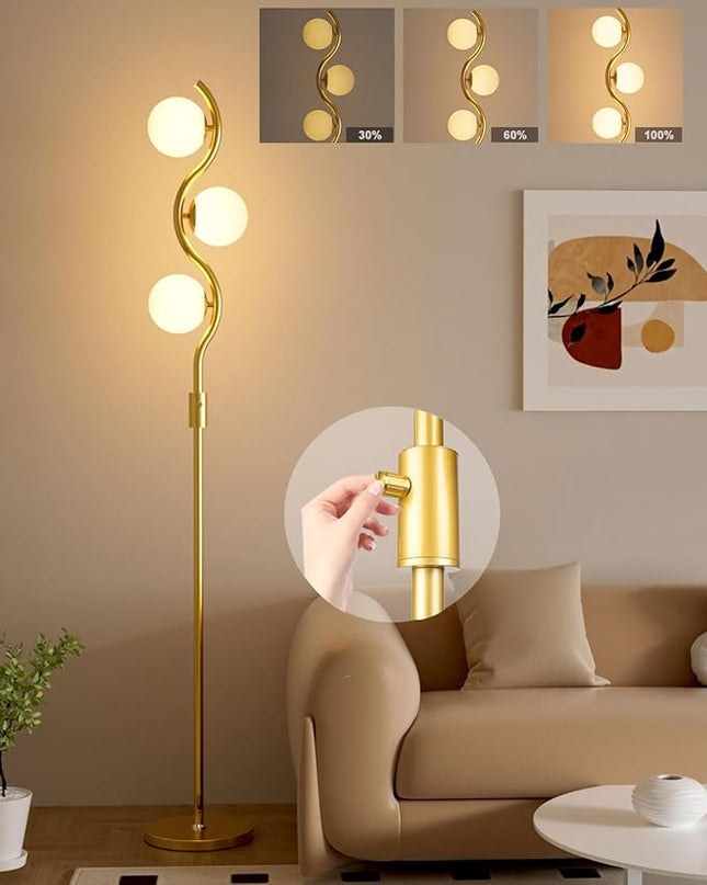 Lightdot 60IN Dimmable (Brightness Adjustable) Gold Floor Lamp, Mid Century Standing Lamps with 3 Globe Soft Warm White Eye Care 3000K Bulbs Included, Modern Tall Lamp for Bedroom Office - LeafyLoom