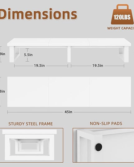 45" Large TV Riser for 32-60 inch TV, TV Riser Stand Shelf with Steel Legs, Tabletop TV Stand Riser for Home Office,White - LeafyLoom