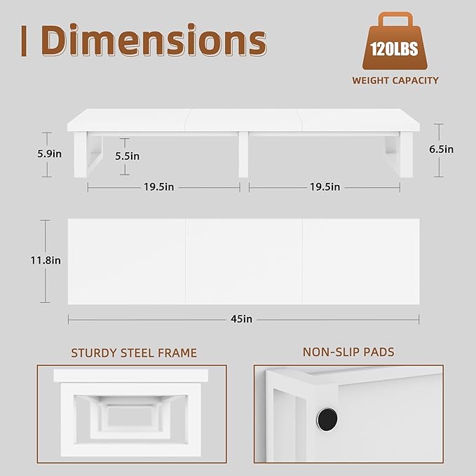 45" Large TV Riser for 32-60 inch TV, TV Riser Stand Shelf with Steel Legs, Tabletop TV Stand Riser for Home Office,White - LeafyLoom