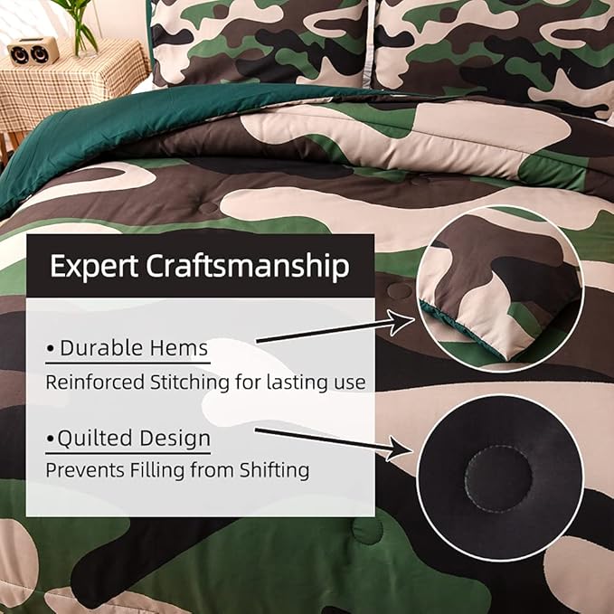 Meeting Story Army Green Camouflage Bedding Set, Camouflage Comforter Set, 3 PCS One Comforter and Two Pillowcases, All Season Soft Bedspread for Kids Teens Adults (Green, Queen) - LeafyLoom