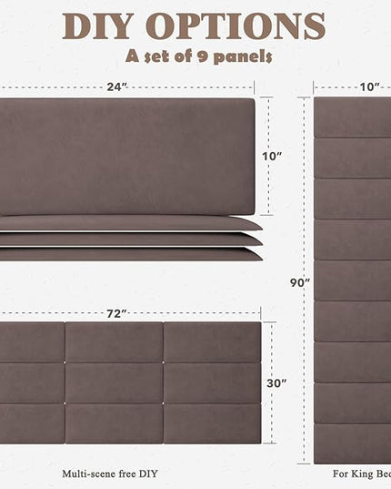 Queen Headboard, Wall Mounted Peel and Stick Headboard, Upholstered Leather Bed Headboard for Queen Size Bed, Floating Dorm Bedroom Tall Headboard Soundproof Wall Panels (9 Panels, 10"x24") - LeafyLoom