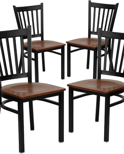 Flash Furniture 4 Pack HERCULES Series Black Vertical Back Metal Restaurant Chair - Cherry Wood Seat - LeafyLoom