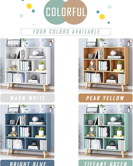 IOTXY Wooden Open Shelf Bookcase - 3-Tier Floor Standing Display Cabinet Rack with Legs, 7 Cubes Bookshelf, Bright Blue - LeafyLoom