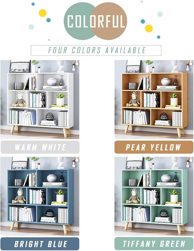IOTXY Wooden Open Shelf Bookcase - 3-Tier Floor Standing Display Cabinet Rack with Legs, 7 Cubes Bookshelf, Bright Blue - LeafyLoom