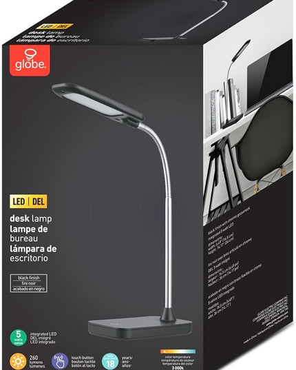 Globe LED Integrated Desk Lamp, Black, Chrome Gooseneck - LeafyLoom