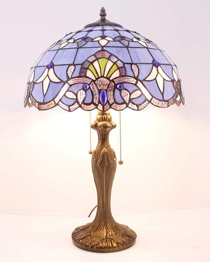 WERFACTORY Tiffany Lamp Blue Purple Stained Glass Baroque Table Lamp Lavender Style Bedside Desk Light Metal Base 16X16X24 Inches Decor Bedroom Living Room Home Office S003C Series (Blue Baraque) - LeafyLoom