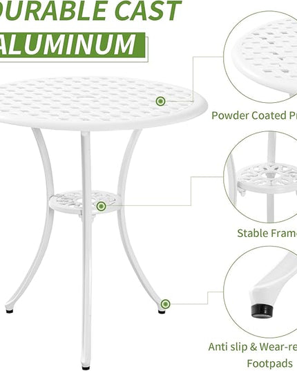 Patio Bistro Set 3 Piece with Umbrella Hole, Outdoor Bistro Table and Chairs Set of 2, Patio Bistro Set 3 Piece white, Cast Aluminum Furniture for Park Yard Front Porch - LeafyLoom