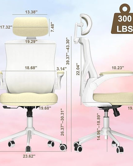 Ergonomic Office Chair, High Back Mesh Desk Chair with Thick Molded Foam Cushion, Coat Hanger, Adjustable Headrest, Lumbar Support, Tilt & Lock Function - Task Computer Chair (Beige) - LeafyLoom