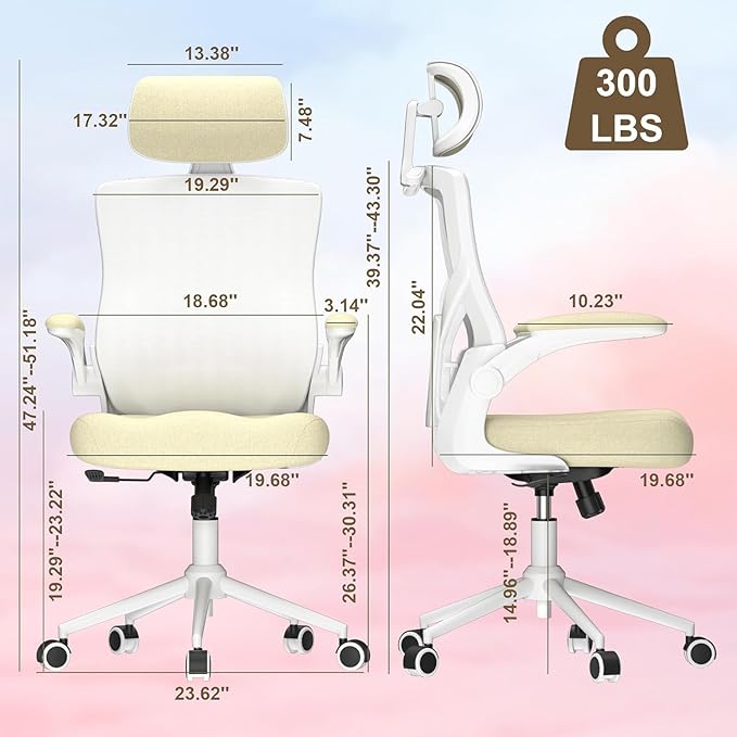 Ergonomic Office Chair, High Back Mesh Desk Chair with Thick Molded Foam Cushion, Coat Hanger, Adjustable Headrest, Lumbar Support, Tilt & Lock Function - Task Computer Chair (Beige) - LeafyLoom