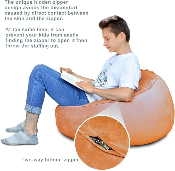 Bean Bag Chair Cover, Stuffed Animal Storage, Plush Toys Organizer Holder, Beanbag Chairs Cover for Kids Teans and Adults Super Soft and Comfortable Fabric X-Large with Handle and Zipper - Round Brown - LeafyLoom