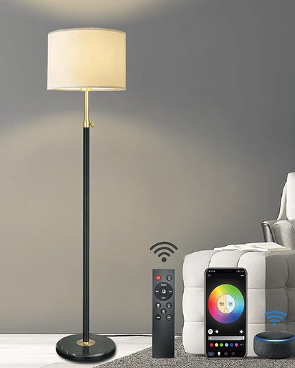 Black Gold Floor Lamps for Living Room with Remote Control, Marble Base 1200 Lumens 15W Adjustable Height Modern Floor Lamp Tall Lamp for Bedroom, Smart Control Alexa & Google Assistance Compatible - LeafyLoom