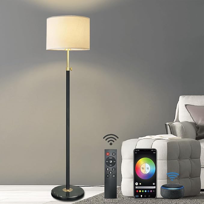 Black Gold Floor Lamps for Living Room with Remote Control, Marble Base 1200 Lumens 15W Adjustable Height Modern Floor Lamp Tall Lamp for Bedroom, Smart Control Alexa & Google Assistance Compatible - LeafyLoom