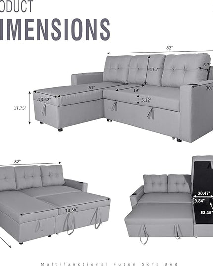 IULULU L Shaped Sectional Sofa, 82 Inch Convertible Sleeper with Pullout Bed, Storage Chaise, Cupholders, 2 in 1 Pull Out Couch for Living Room, Apartment, Silver Grey - LeafyLoom