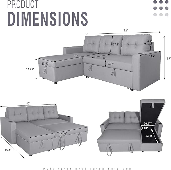 IULULU L Shaped Sectional Sofa, 82 Inch Convertible Sleeper with Pullout Bed, Storage Chaise, Cupholders, 2 in 1 Pull Out Couch for Living Room, Apartment, Silver Grey - LeafyLoom