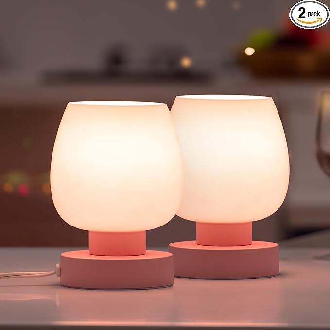 Touch Bedside Table Lamps Set of 2, Dimmable Small Nightstand Lamps for Bedroom, Modern Simple Design, Pink - LeafyLoom